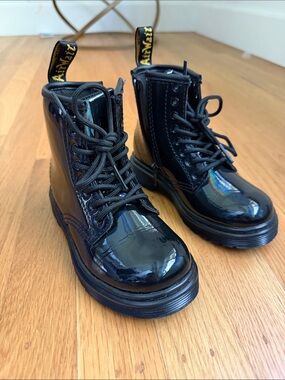 Dr. Martens Black Patent Lace-Up Kids Boots with Side Zip